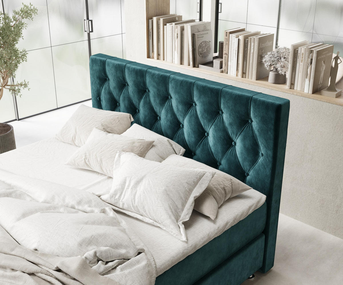 BOXSPRINGBETT Excelsior Türkisfarben 200/200 cm mit Latex-Topper - Türkis/Silberfarben, Holz/Holzwerkstoff (200/200cm) - Maison de Reve
