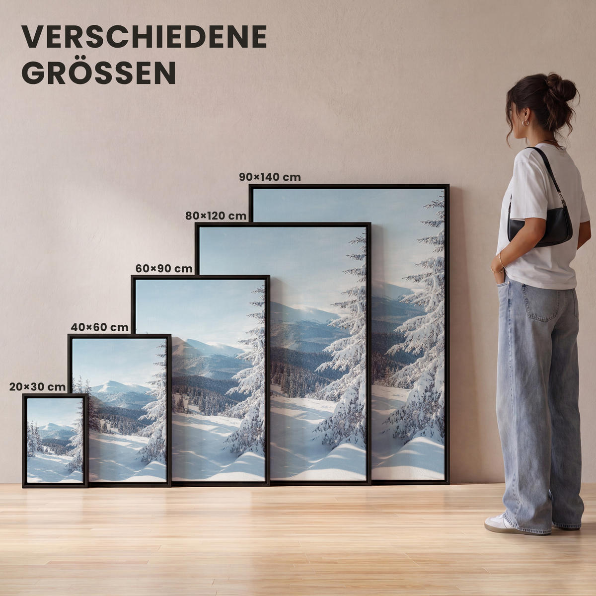 LEINWAND Bilder mit Rahmen - Winterlandschaft - Natur - Berge - Bäume - Schnee - 20x30 - Hellblau, Textil (20/30cm) - MuchoWow
