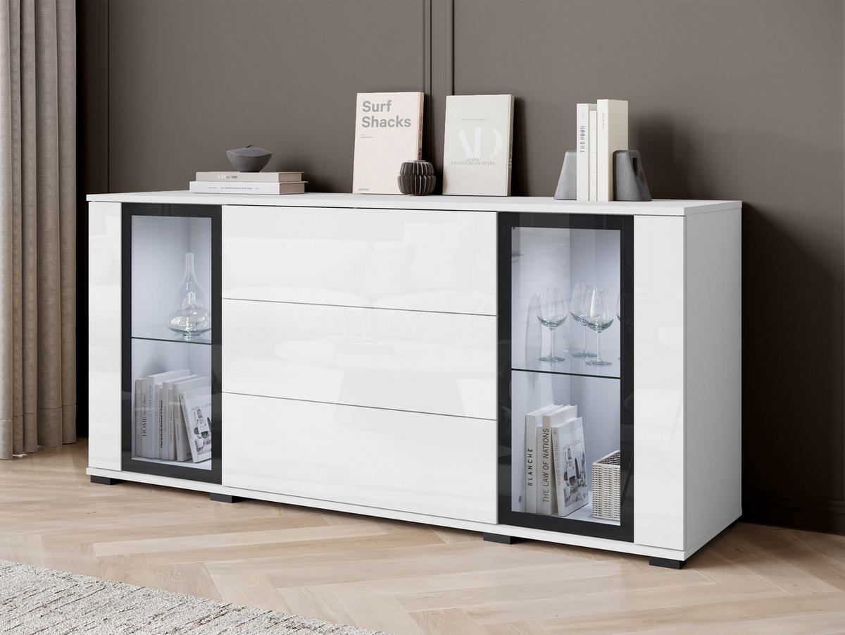 SIDEBOARD Caro SB 150 2D3S mit weißer LED Beleuchtung - Schwarz/Weiß, Holzwerkstoff/Kunststoff (150/70/40cm) - MIRJAN24