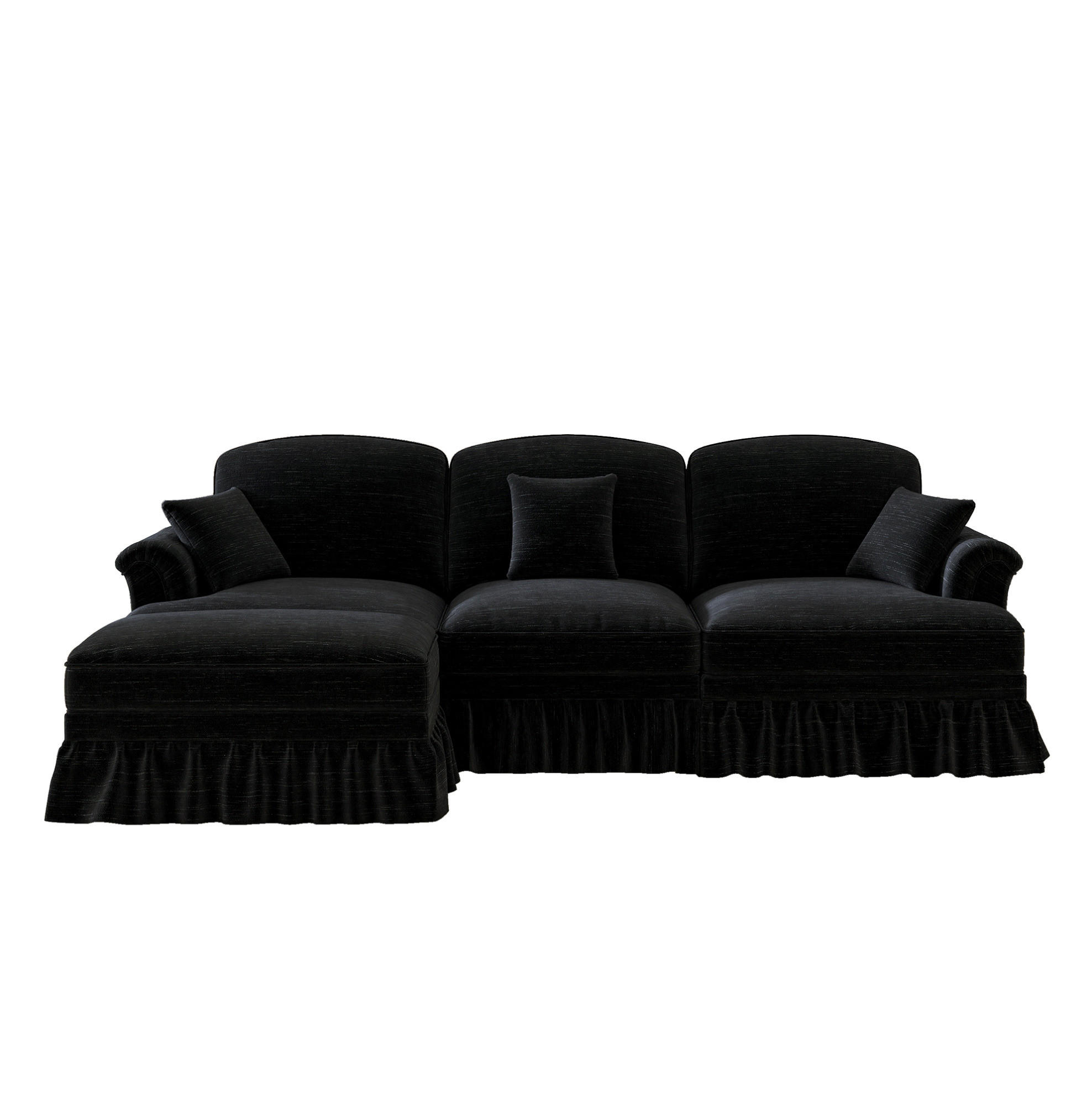 ECKSOFA 272/140/93 cm schwarz aus Chenille mit abnehmbarem Volant und beweglichem Hocker - Schwarz, Textil (140/272cm) - OKWISH