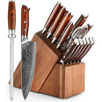 MESSERBLOCKSET 15-teiliges Set Damaststahl mit Wetzstahl und Küchenschere - Braun, Holz