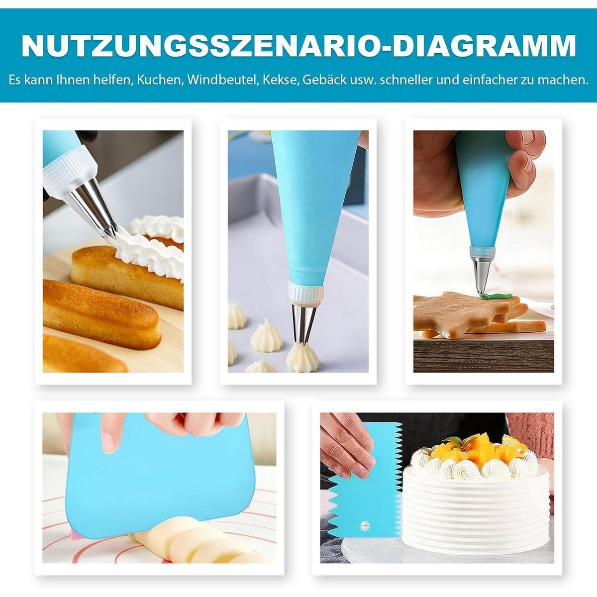 SPRITZBEUTEL Set 33-teilig mit Edelstahltüllen - Blau, Kunststoff (17/1/30cm)