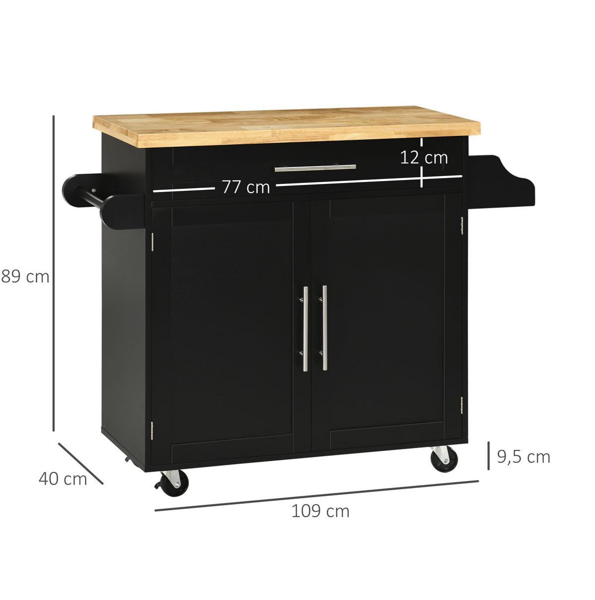 KÜCHENWAGEN mit Arbeitsplatte, Gewürzregal und Handtuchhalter 109 x 40 x 89 cm Black - Schwarz, Holz (40/89/109cm) - Beauniv