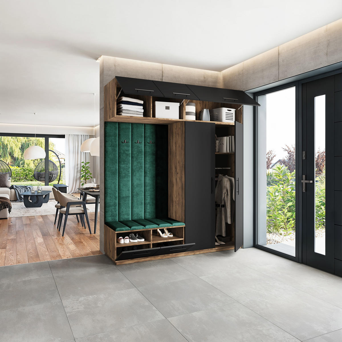 GARDEROBENSCHRANK REMA 200/240/60 cm Modern Garderobe-Set Eiche Lefkas - Eichefarben/Schwarz, Holzwerkstoff (200/240/60cm) - MASSENO