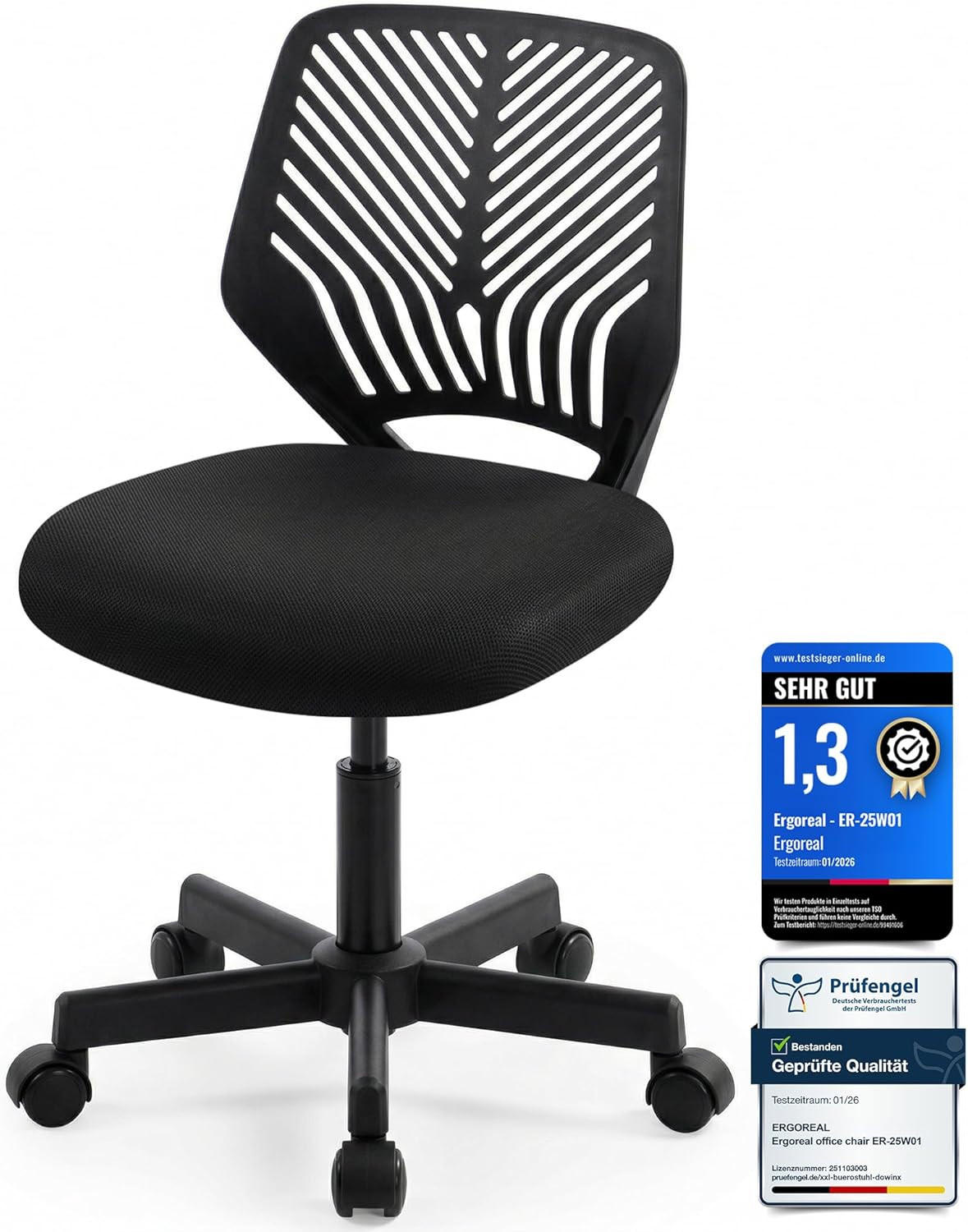 BÜROSTUHL Ergonomischer ohne Armlehne, mit Rollen & Höhenverstellung - Schwarz, Metall (55/79/55cm)