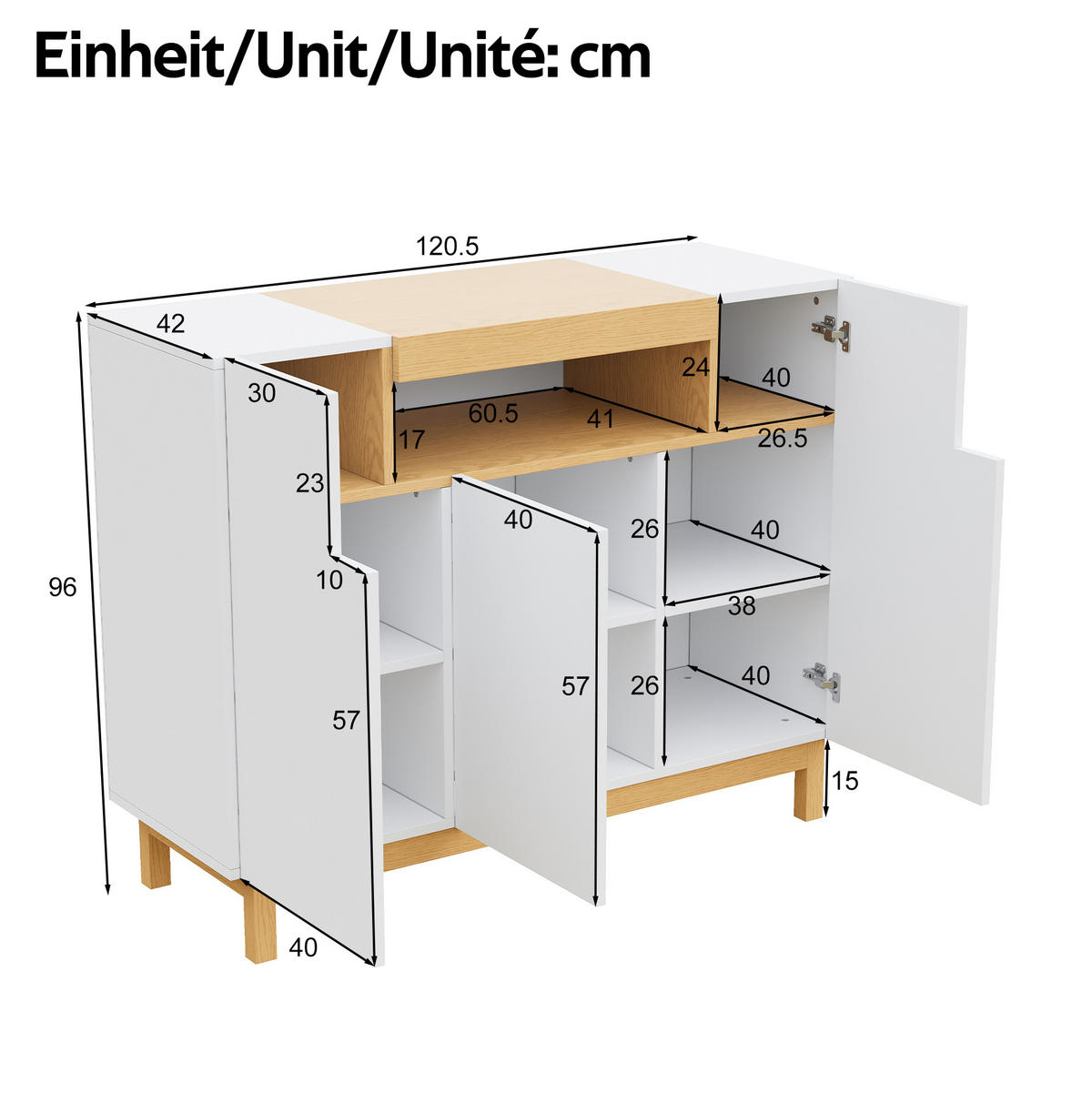 SIDEBOARD 120,5/42/96 cm in Weiß mit 3 Türen und offenem Fach - Weiß, Holzwerkstoff (120.5/96/42cm) - Flora Grace