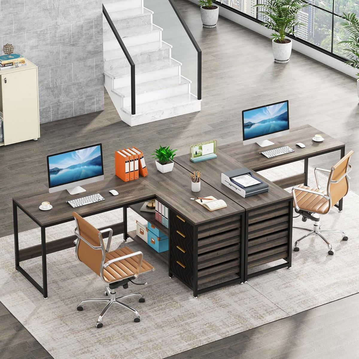 L-FORM Schreibtisch mit 4 Schubladen 150 x 110 x 75 cm Grau - Braun, Holzwerkstoff (110/150/75cm)