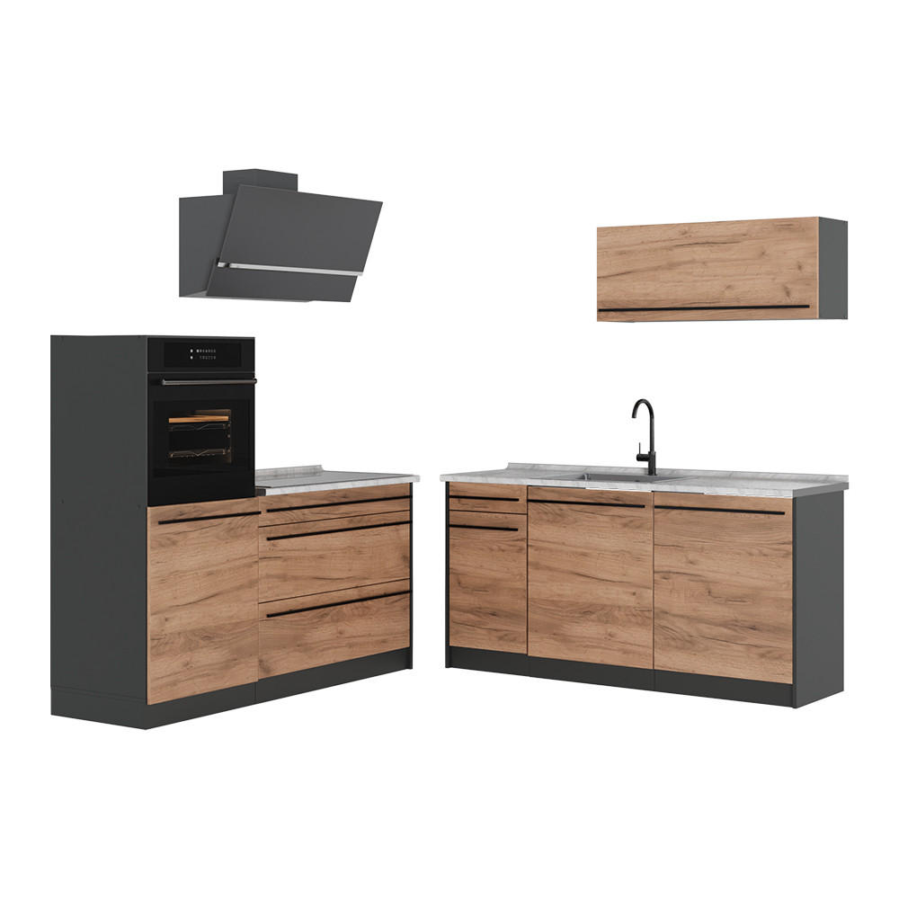 KÜCHENZEILE R-Line, Goldkraft Eiche/Anthrazit, 160 cm Arbeitsplatte Marmor - Honigeiche/Anthrazit, Holzwerkstoff (160/143/60cm) - Vicco