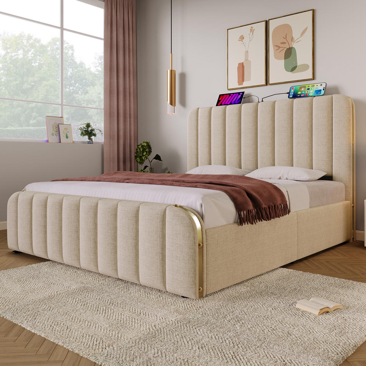 BETT mit 4 Schubladen und USB 140x200 cm Leinen Beige - Beige, Metall (140/200cm) - Meubliv