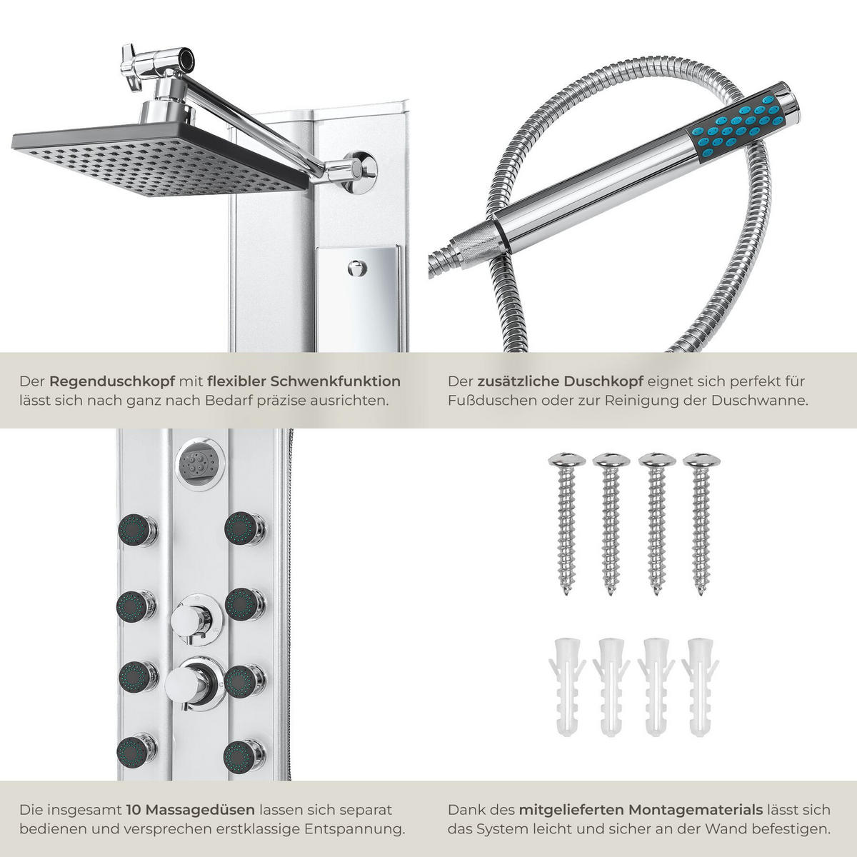 ALUMINIUM DUSCHPANEEL , Antikalktechnik, silber - Silberfarben, Metall (9.8/118/27cm) - tectake