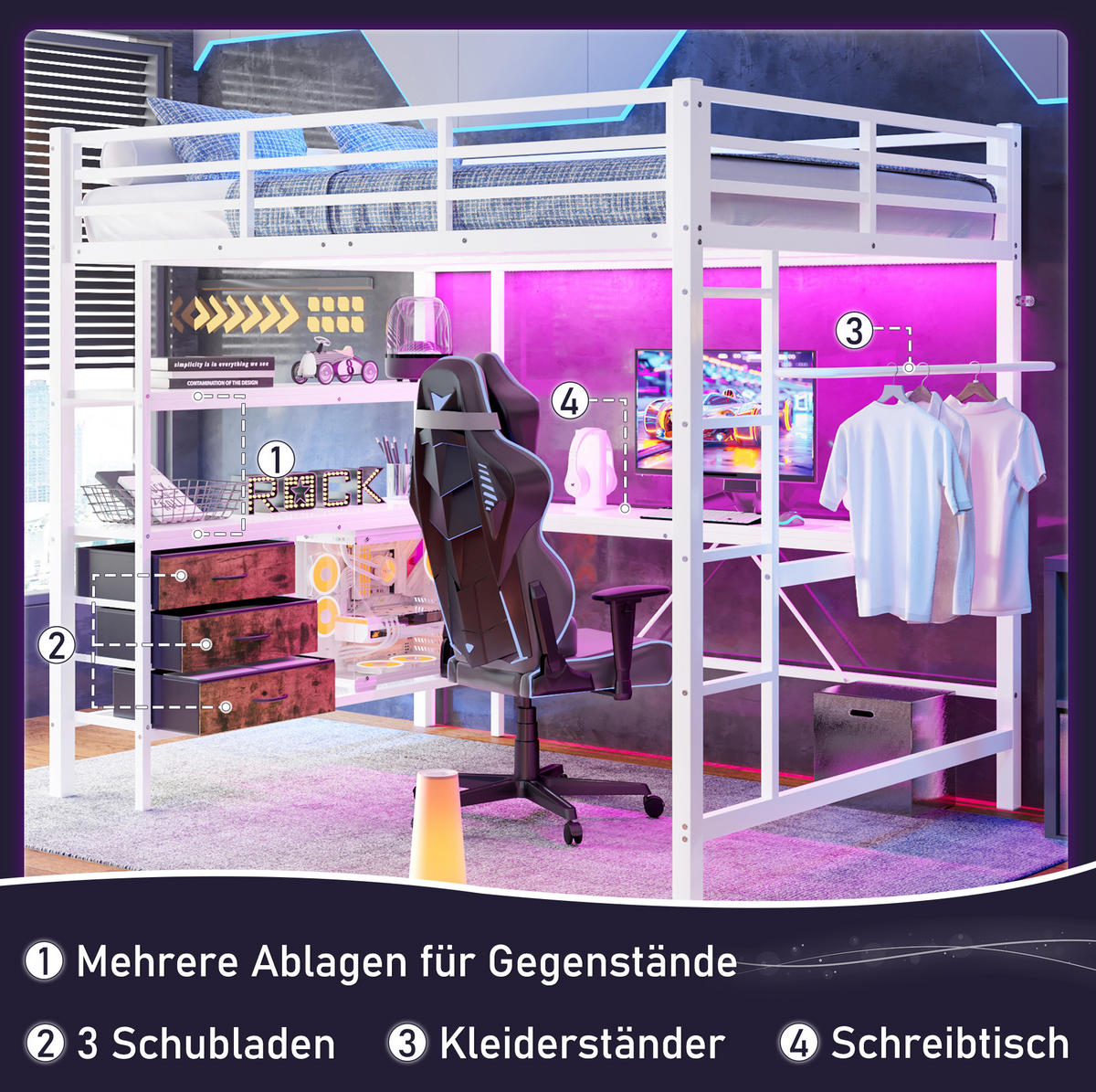 HOCHBETT 140/200 cm Weiß aus Metall und MDF mit Schreibtisch - Weiß, Metall (140/200cm) - OKMYHOME