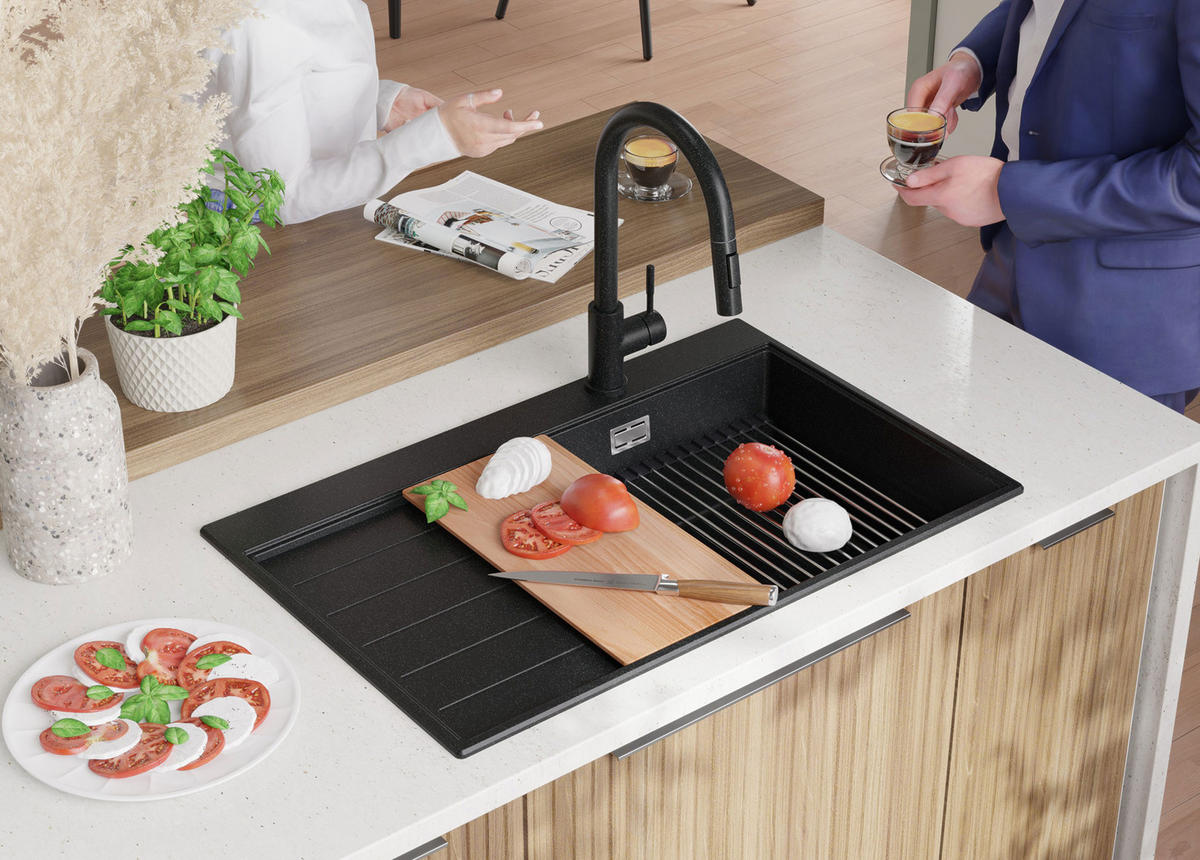 SPÜLBECKEN Sydney, 2-er set Anthrazit 78/50 cm 1 Becken + Ablauf-Set + Küchenzubehörset ab 50er Unterschrank - Chromfarben/Anthrazit, Kunststoff (78/20/50cm) - Primagran