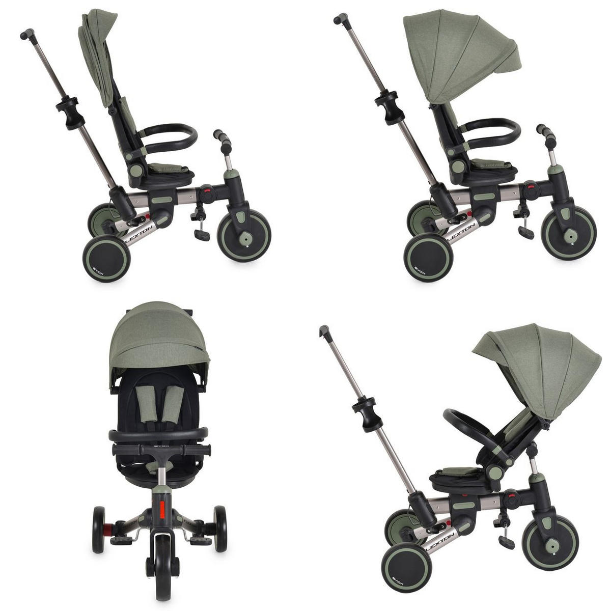 DREIRAD Flexton 5 in 1 grün Laufradfunktion, EVA-Reifen, Rückenlehne, Becherhalter, faltbar - Grün, Metall (93/50/96cm)