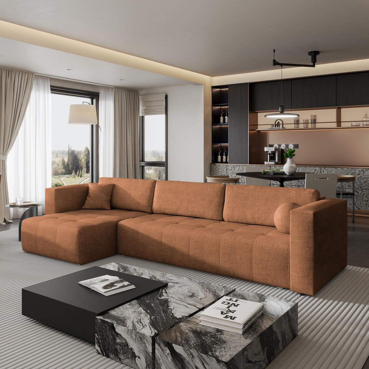 ECKSOFA OLVERA Kupferfarben Geflochtener Stoff mit Schlaffunktion - Kupferfarben, Holz (347/148cm) - MASSENO