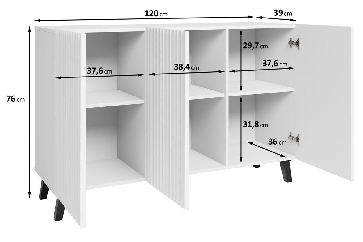 KOMMODE Phuket Weiß, gerillt 120 / 39 / 76 cm - Schwarz/Weiß, Holz/Holzwerkstoff (120/76/39cm) - Feldmann-Wohnen