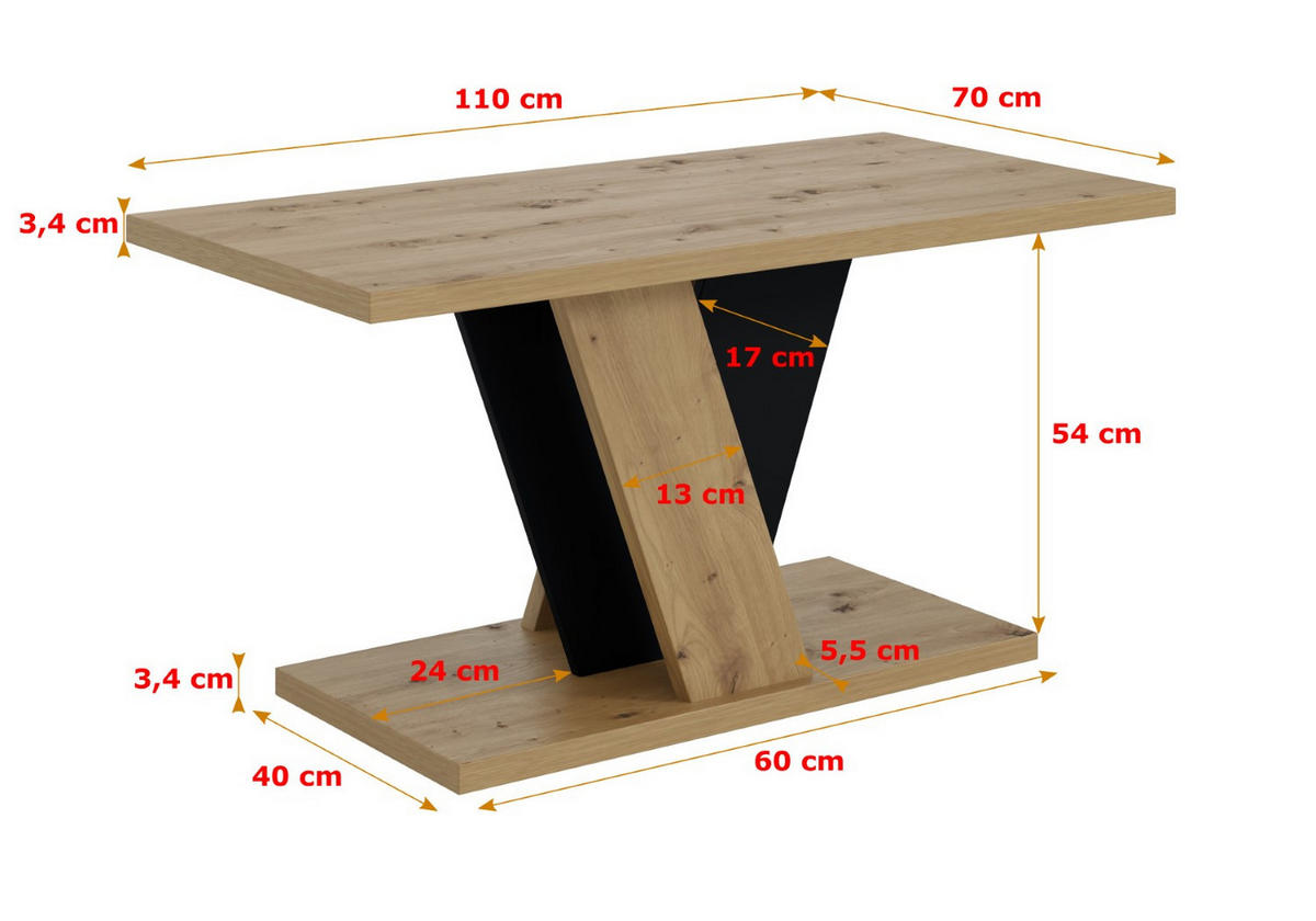 KAFFEETISCH 110x70x60 cm - Artisan Eiche Optik / Schwarz - INEY - Eichefarben, Holzwerkstoff (110/70/60cm) - ALTDECOR