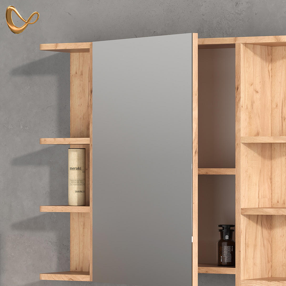 BADMÖBEL-SET Fucino Grün 3 Teile, mit Midischrank Tür klein - Eiche Wotan/Grün, Holzwerkstoff (80/54/32cm) - Livinity®