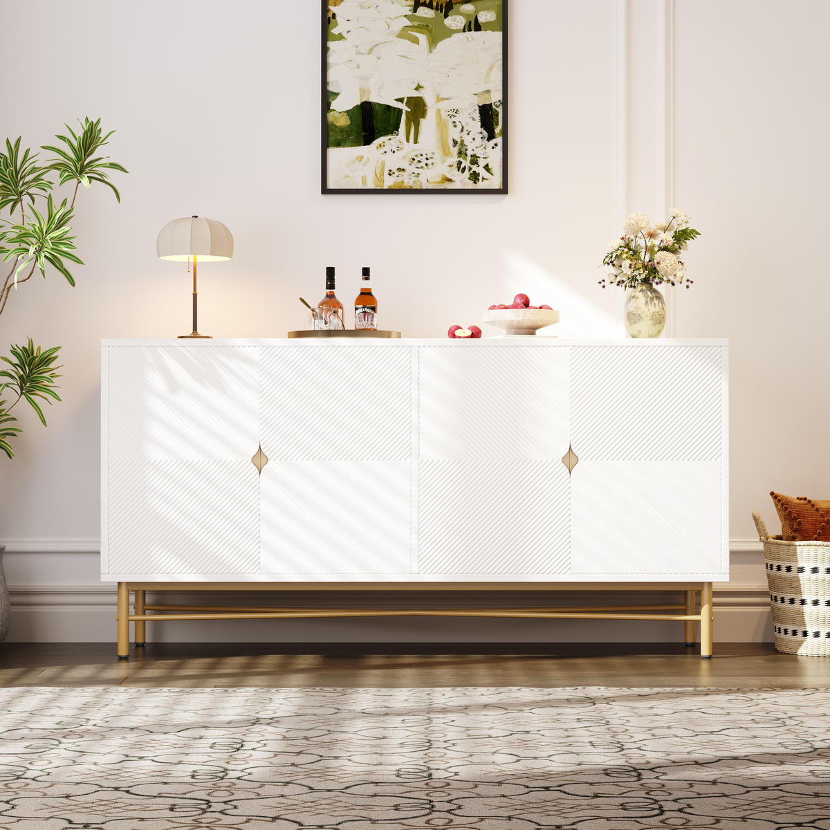 SIDEBOARD Weiß 4 Türen Gold Griffe Hochglanz 160x40x82cm - Weiß, Holzwerkstoff (40/82/160cm) - FLIEKS