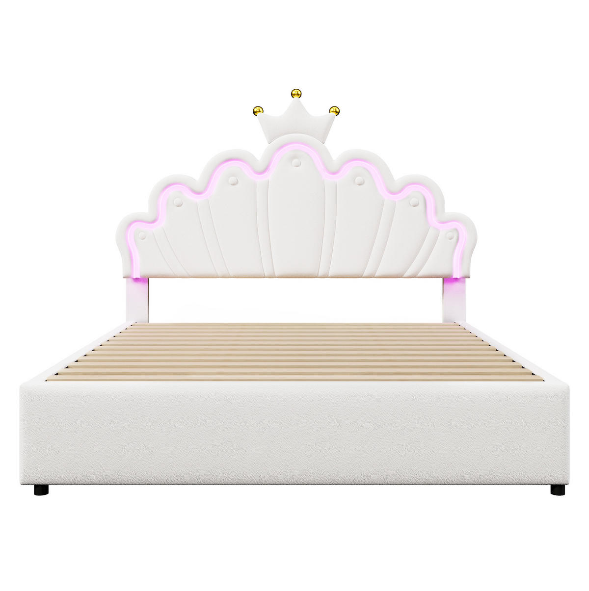 DĚTSKÁ postel 140/200 cm bílá z PU a MDF s nastavitelným čelem, LED osvětlením a 2 zásuvkami - bílá, kůže (140/200cm) - OKWISH
