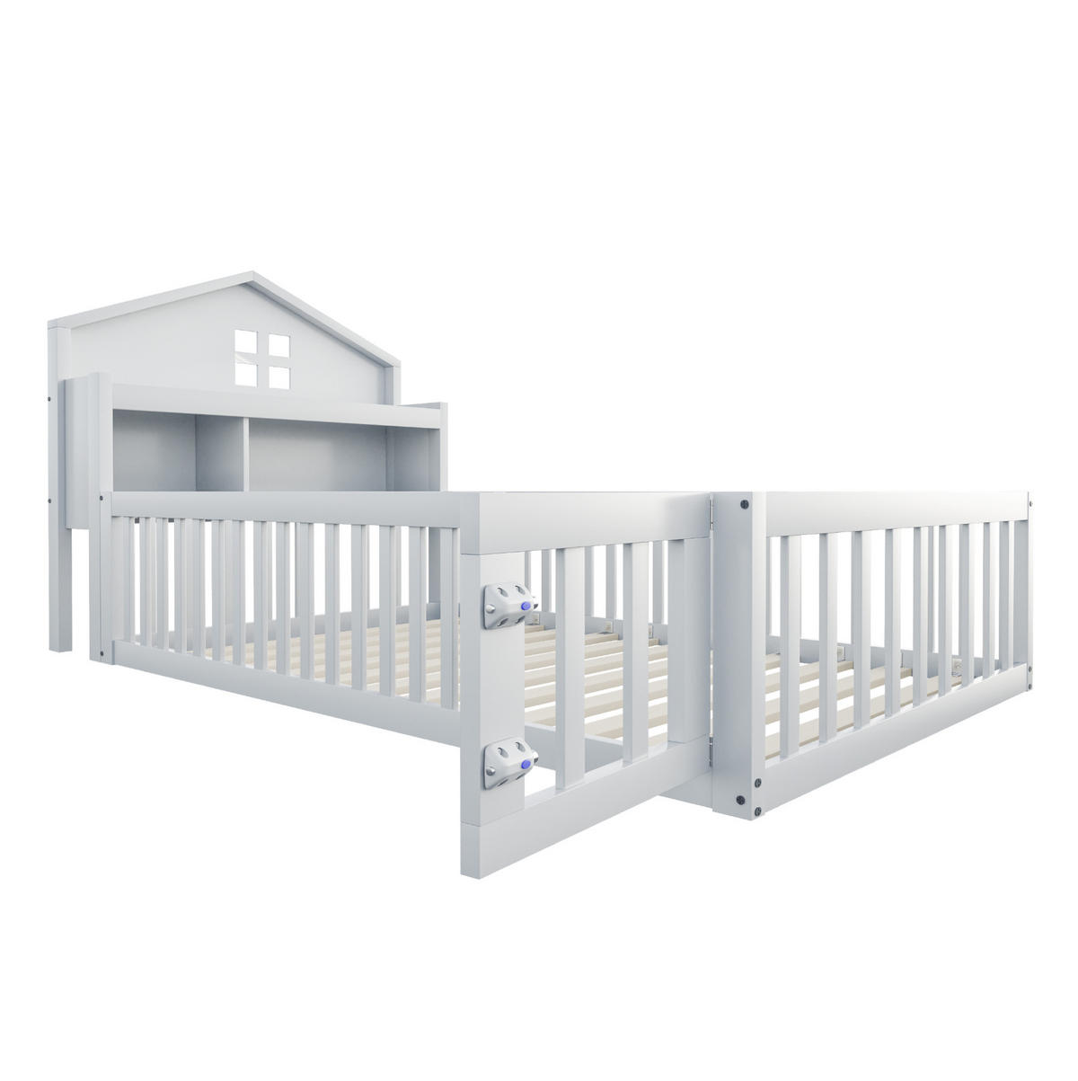 KINDERBETT in Hausform 90x200 cm mit Stauraum und Schutzgitter Weiß - Weiß, Holzwerkstoff (90/200cm) - Beauniv