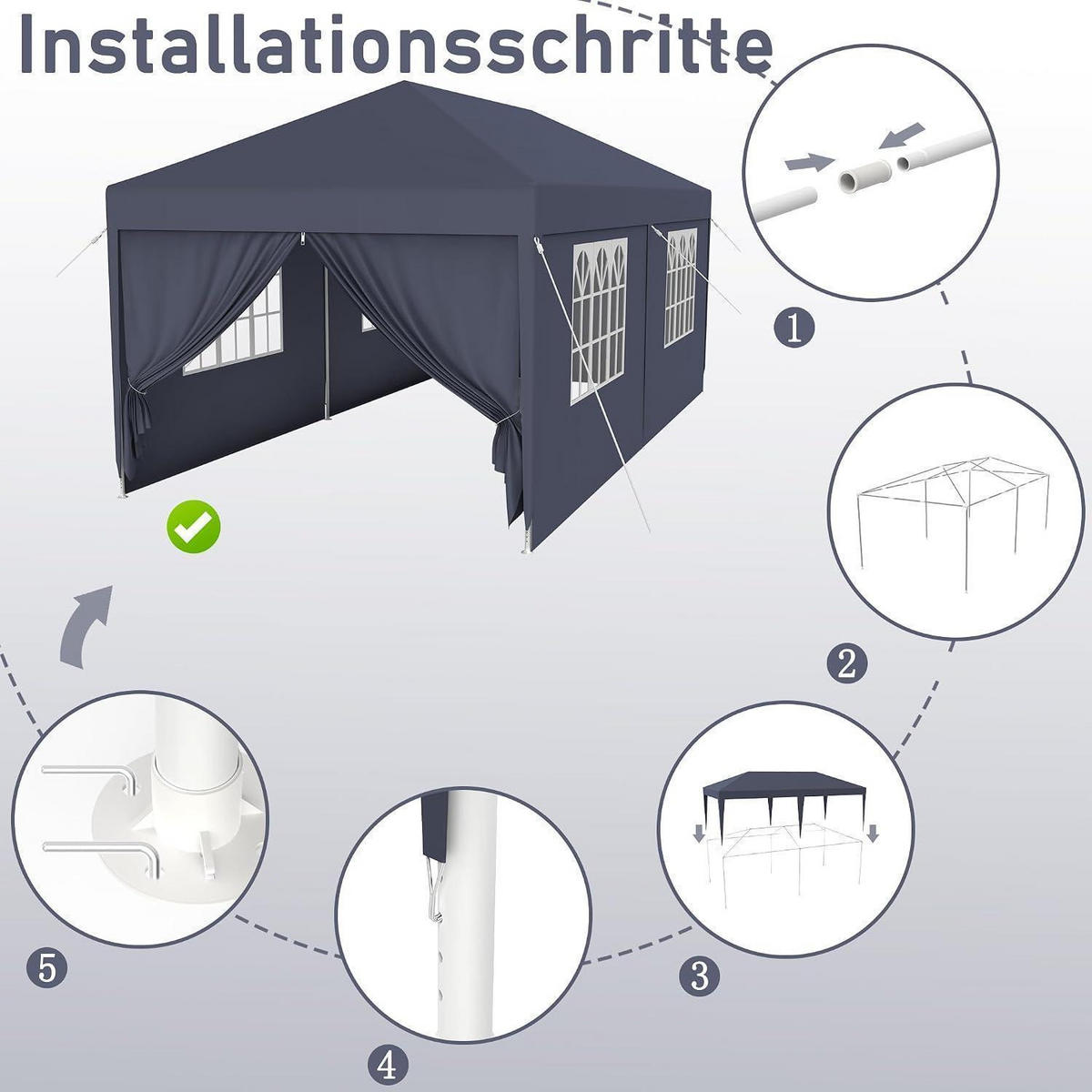 GARTENPAVILLON 3 x 3 m Anthrazit mit Seitenteilen und Fenstern - Anthrazit, Textil (300/250/300cm)