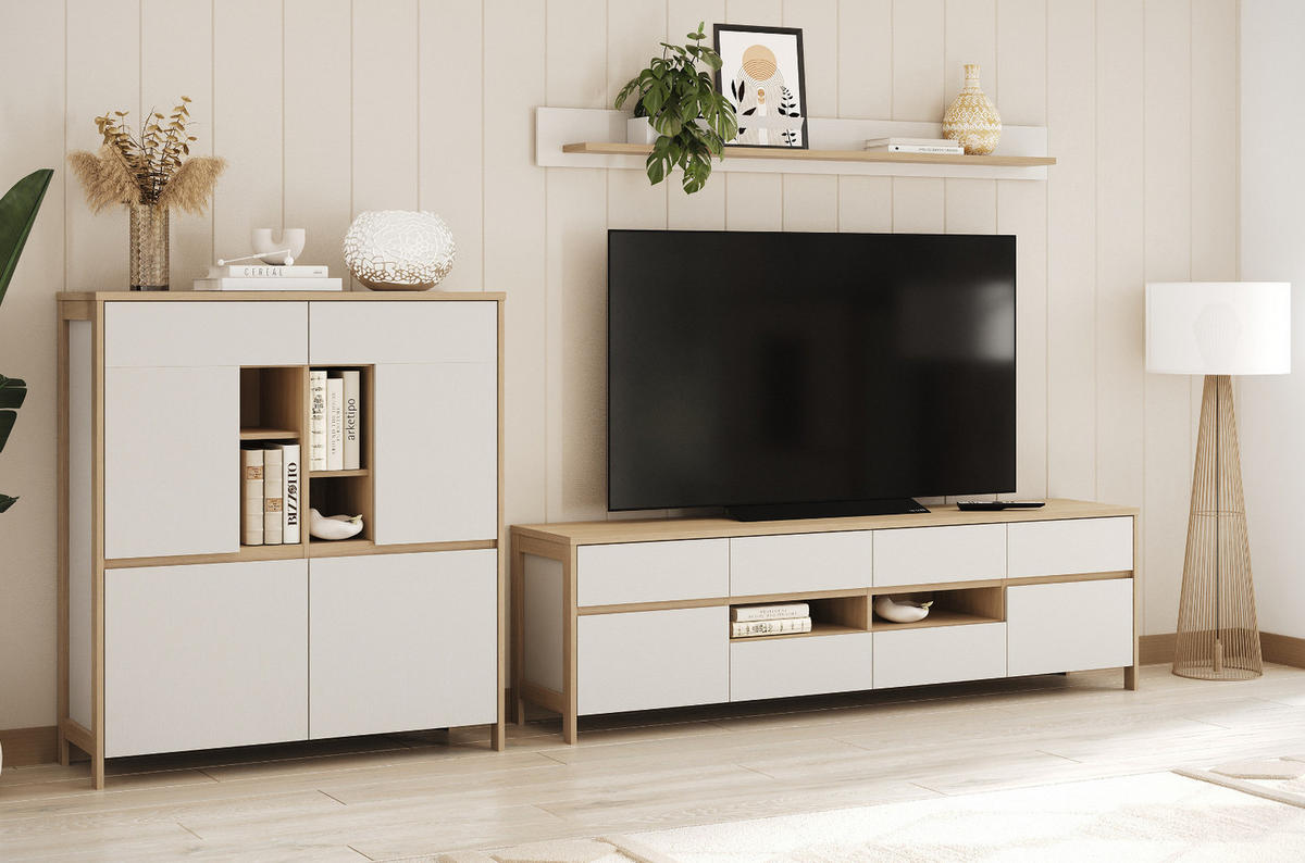 WOHNWAND weiß und Eiche Wohnkombination skandinavisch 3-teilig 319 cm, Soft-Close, Finnes - Eichefarben/Weiß, Glas/Holzwerkstoff (319/170/39cm) - Furn.Design