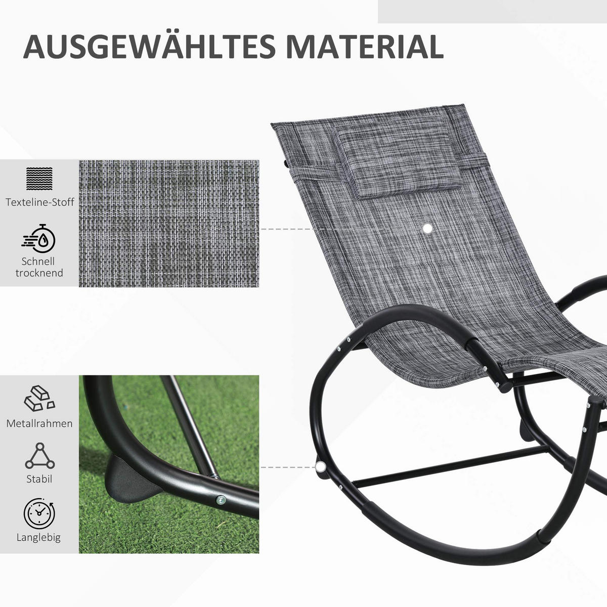 SCHAUKELLIEGE mit Kopfkissen, Texteline, Grau, 155 x 61 x 88 cm - Grau, Metall (61/88/155cm) - Outsunny