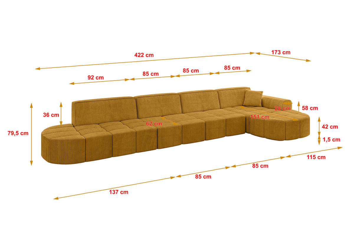 ECKSOFA Ottomane Rechts LIVO-L3 - 422x173x79,5 cm Senfgelb - Currygelb/Gelb, Holzwerkstoff/Textil (422/173cm) - ALTDECOR