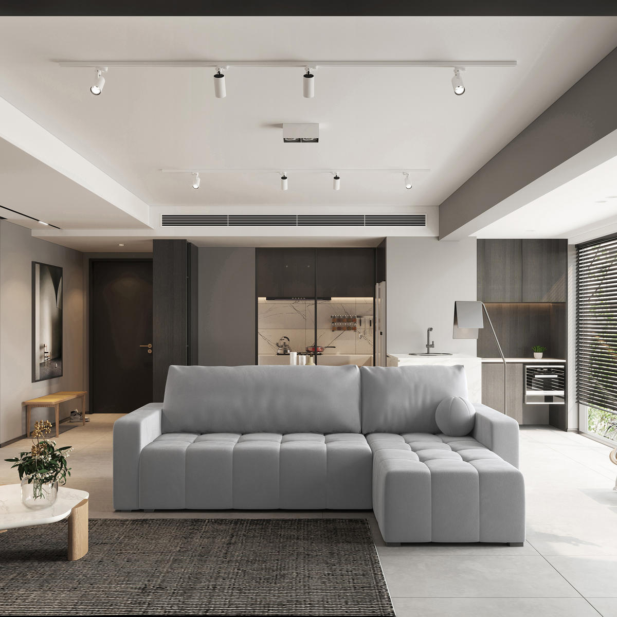 ECKSOFA VOLIRA Hellgrau Plüsch-Stoff mit Schlaffunktion - Hellgrau, Holz (230/143cm) - MASSENO