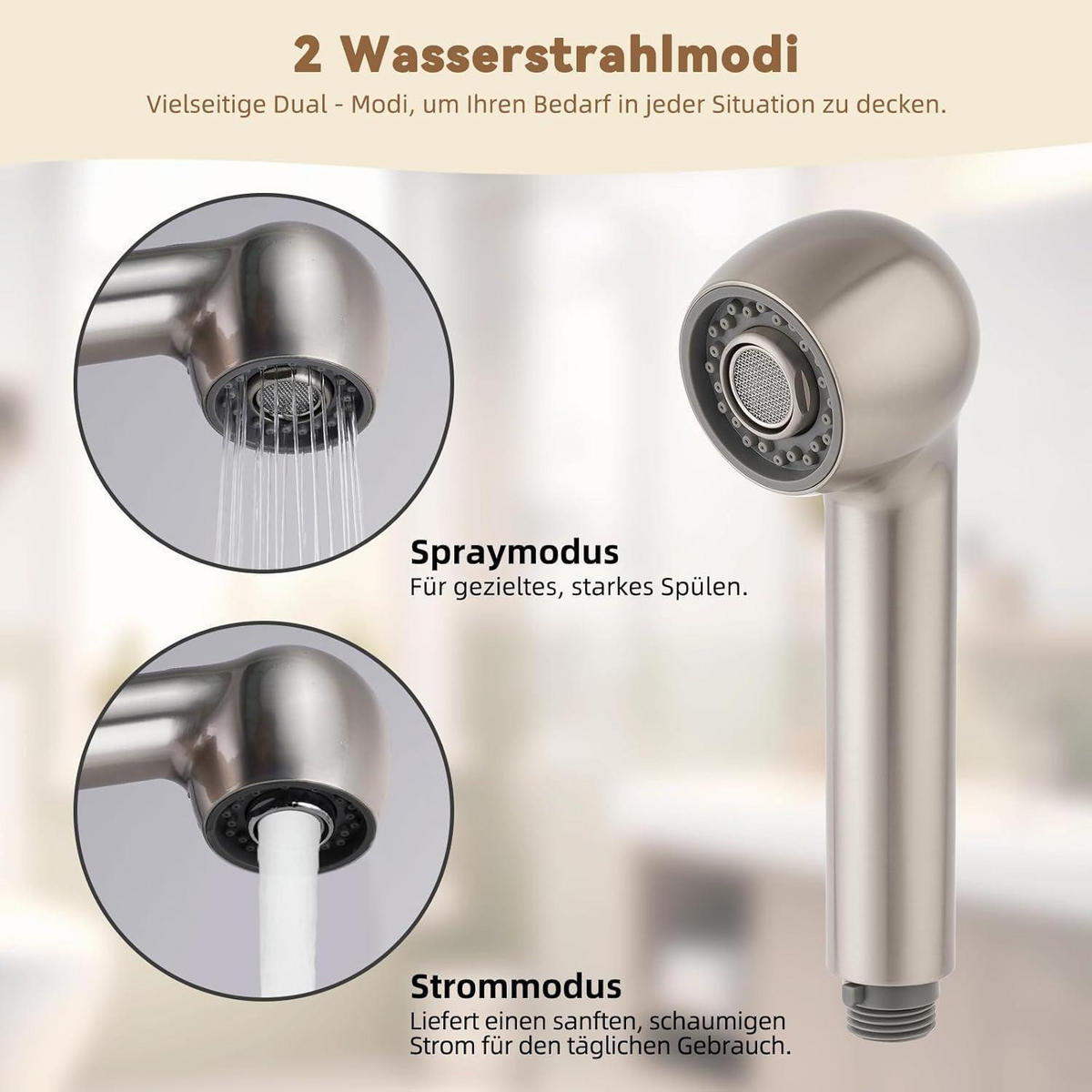 KÜCHENARMATUR Ersatzkopf mit 2 Strahlarten gebürstetes Nickel - Silberfarben, Kunststoff (5/17.3/5.7cm)