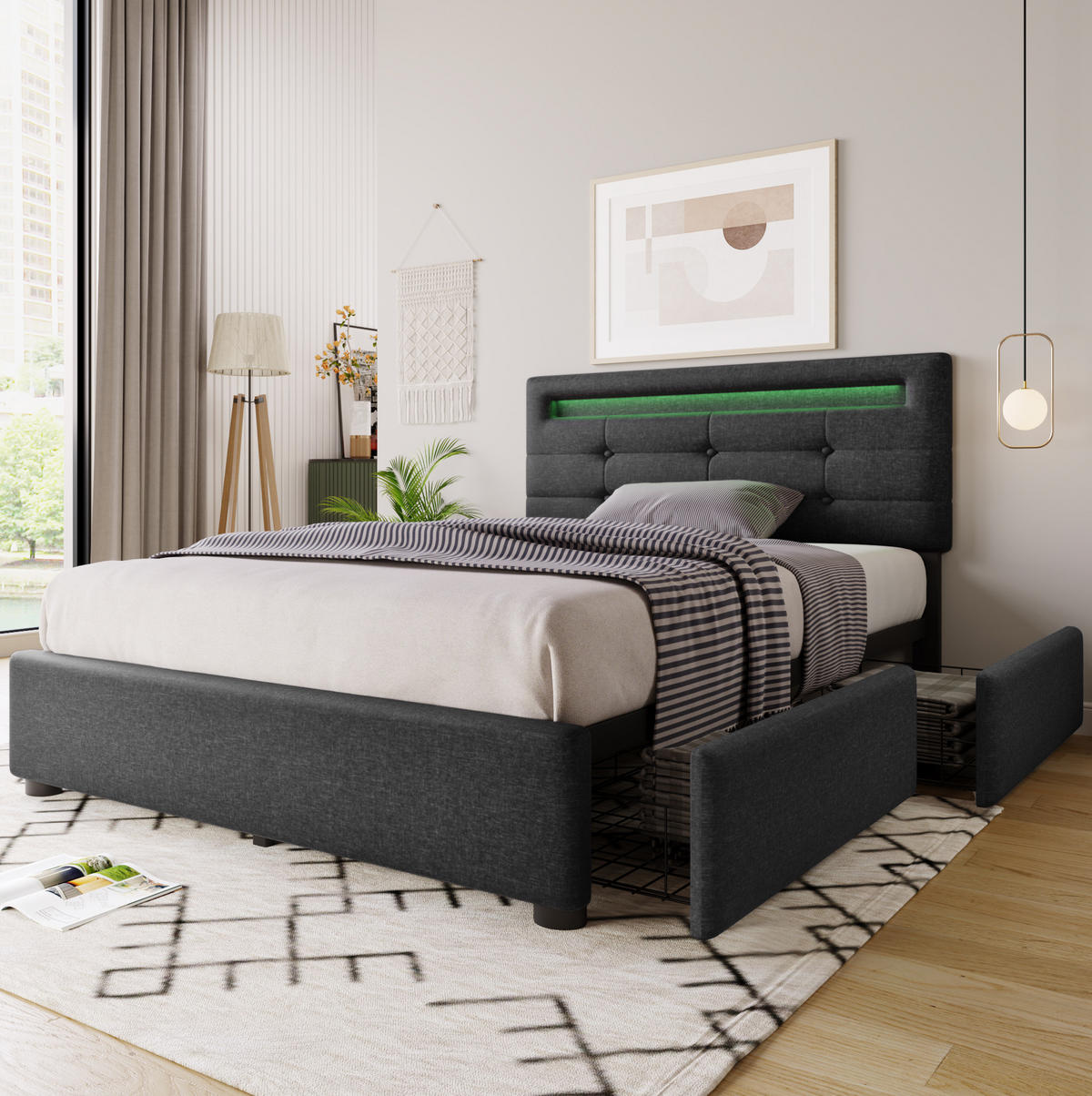 POLSTERBETT 90/200 cm Grau aus Leinen mit LED-Beleuchtung und 2 Schubladen - Grau, Textil (90/200cm) - OKMYHOME