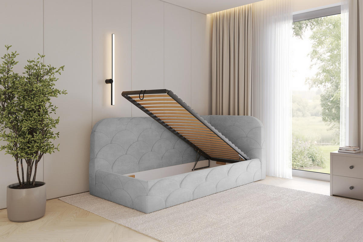 EINZELLBETT Jugendbett mit Bettkasten und Matratze H3/H4, Links - ELRY 90x200 Grau - Hellgrau, Holzwerkstoff/Textil (90/200cm) - ALTDECOR
