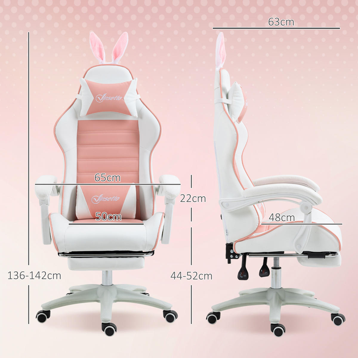 GAMINGSTUHL Lendenstütze Fußstütze Hasenohren Kopfkissen Rosa ergonomisch - Rosa, Textil (63/142/65cm)