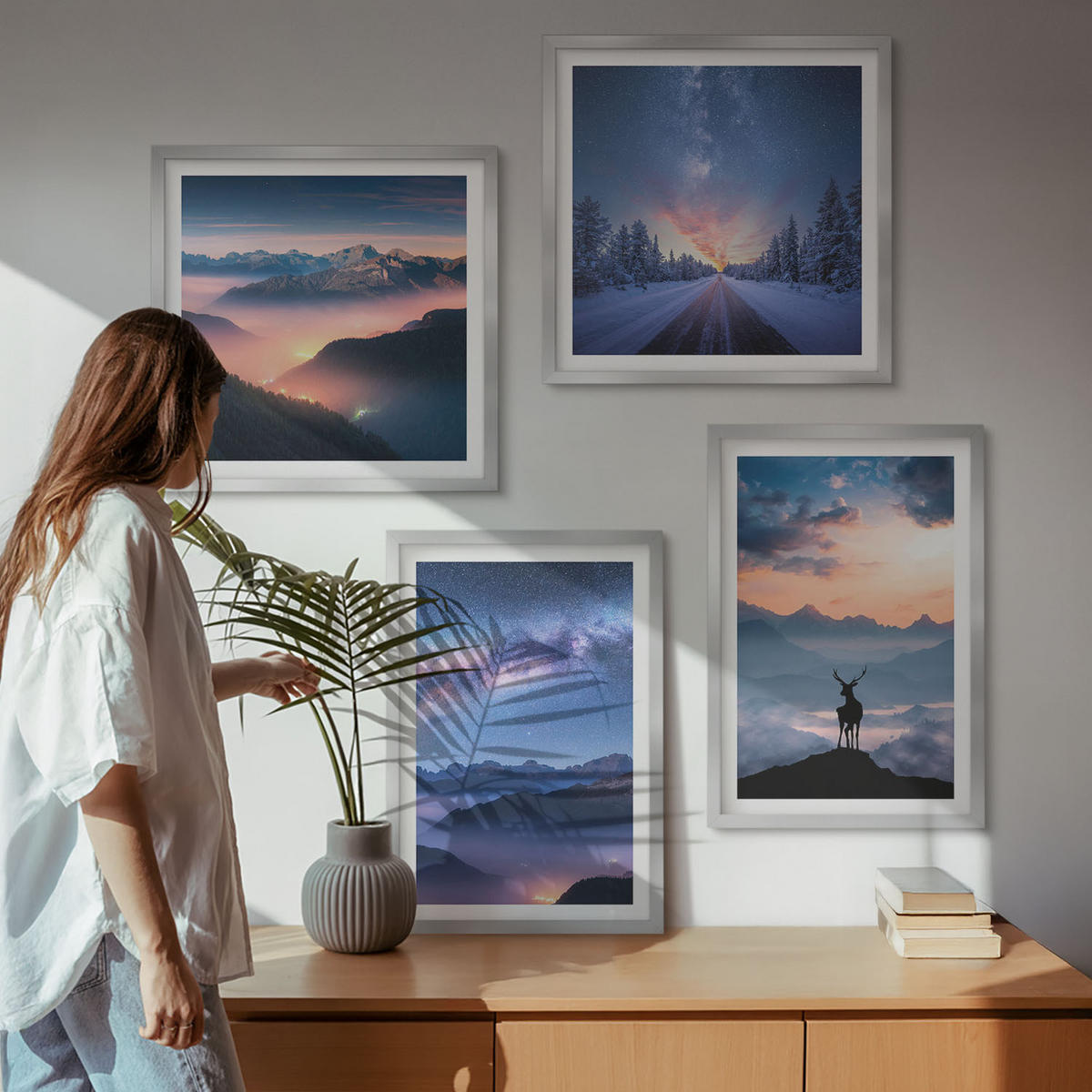 BILDER SET 4er Set - 50x50 cm & 40x60 cm Silberner Rahmen - Nachthimmel Berge Nebel Hirsch - Silberfarben, Kunststoff (50/50cm) - TULUP