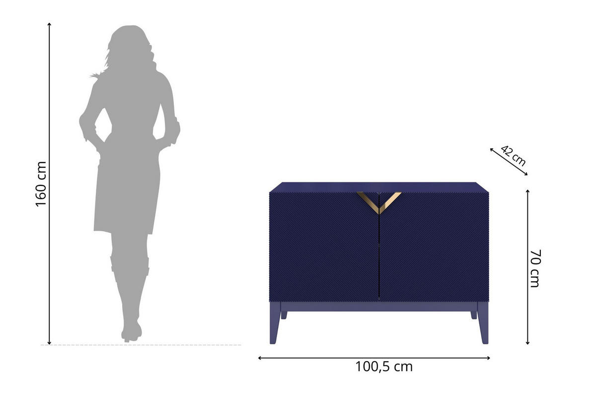 SIDEBOARD Demi 2D Long, Marinblau-Gold, Mit Gefrästen Fronten, Massive Buche - Dunkelblau, Holz/Holzwerkstoff (100.5/70/42cm) - Visby
