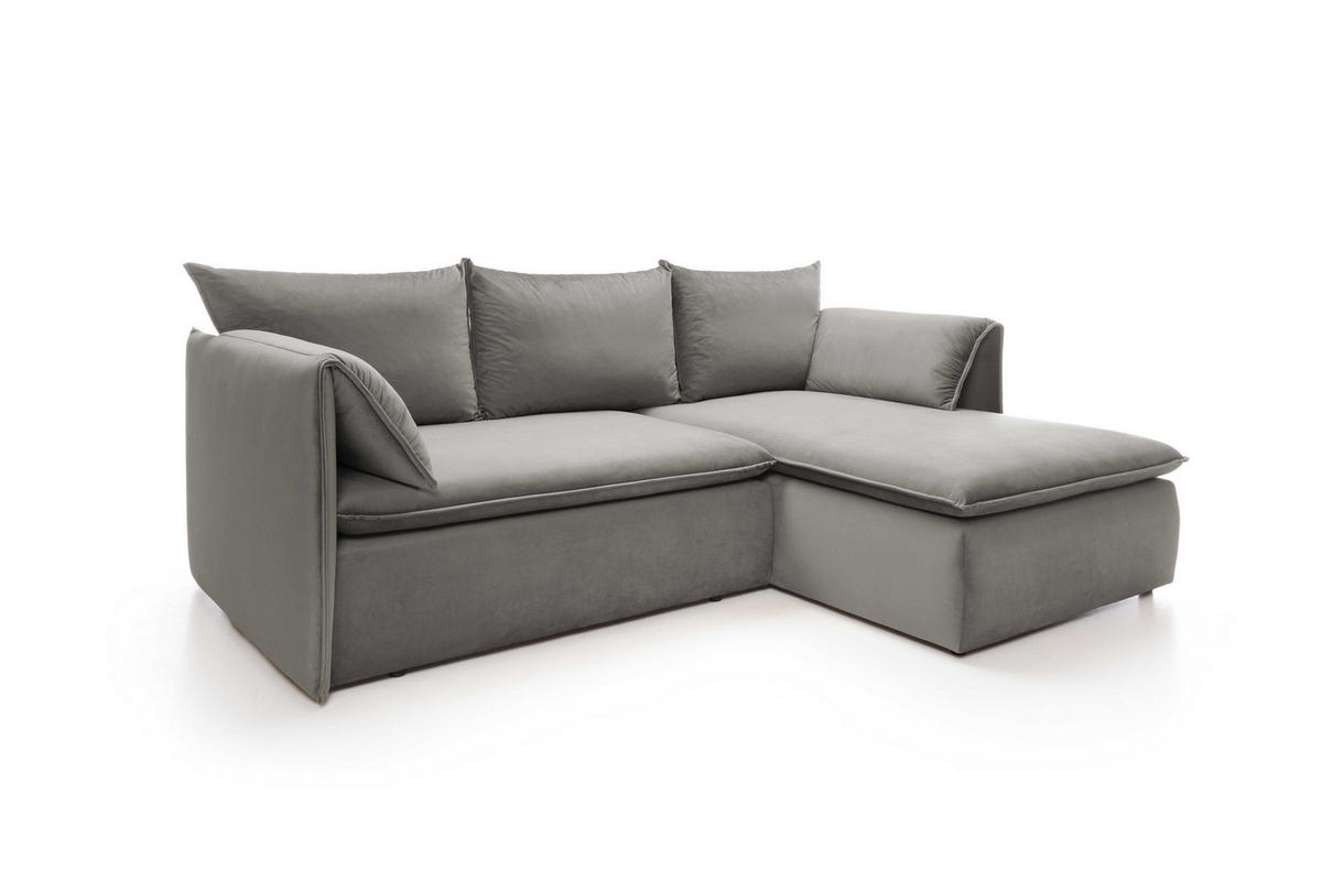 ECKSOFA PREGIO Grau Plüsch-Stoff mit Schlaffunktion - Grau, Holz (230/166cm) - MASSENO