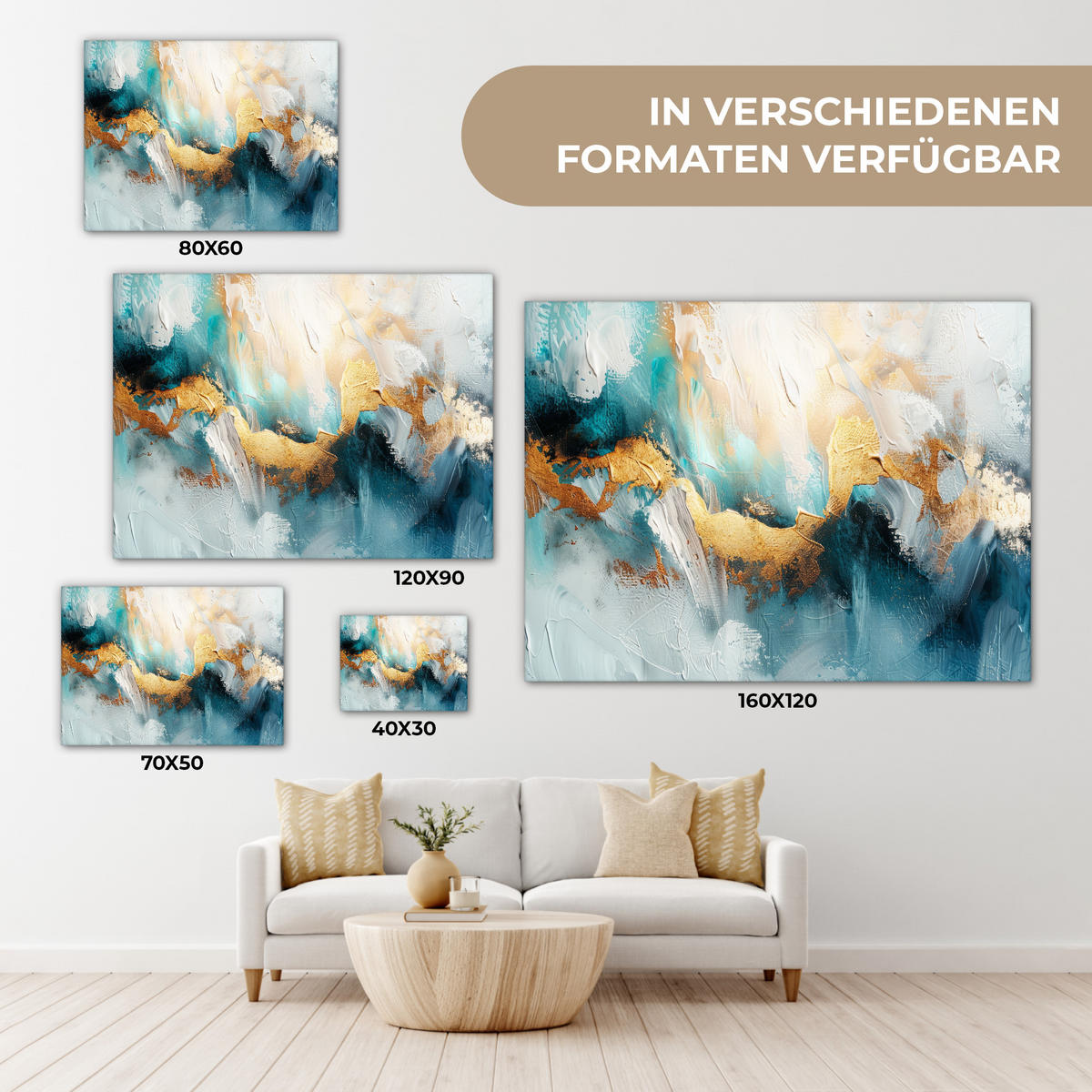 LEINWANDBILD Abstrakt - Kunst - Gold - Blau Wandbilder 80x60 cm - Petrol, Textil (80/60cm) - MuchoWow