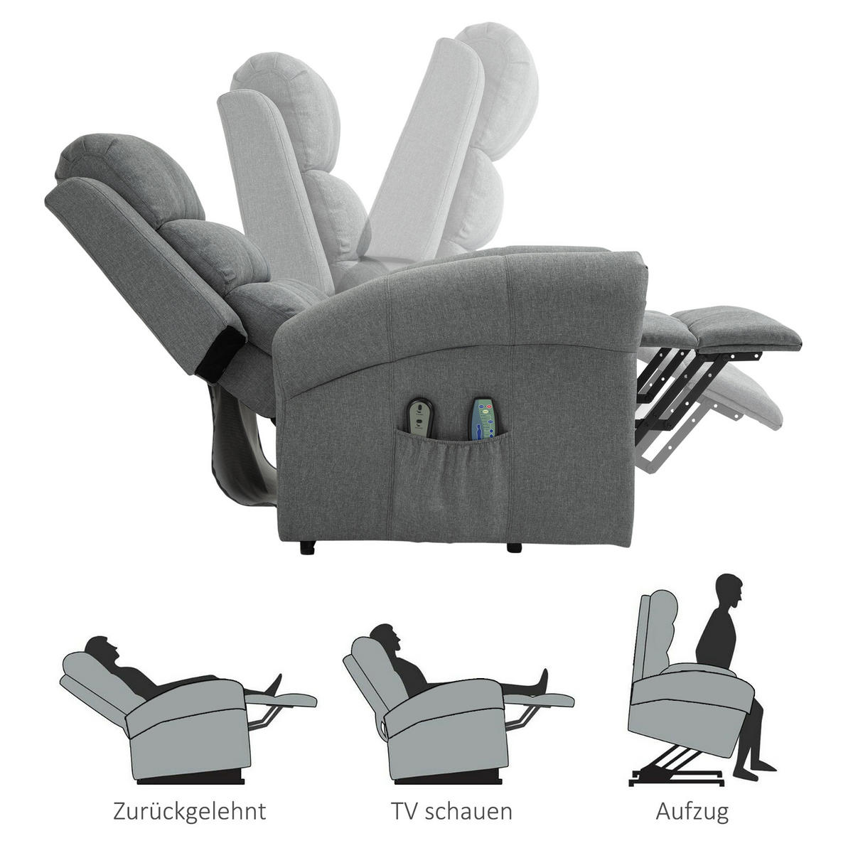 MASSAGESESSEL Wärmefunktion Massagestuhl Aufstehfunktion Fernbedienung Leinen - Grau, Textil (91/106/90cm) - HOMCOM