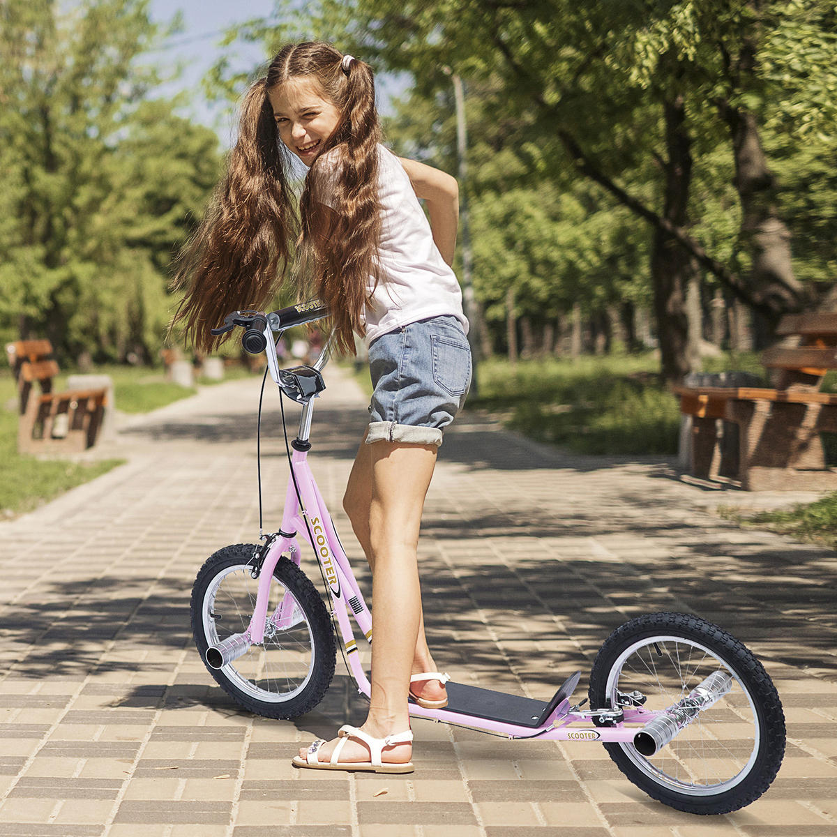 KINDERROLLER mit Luftreifen Scooter Roller Kinder Roller Kickboard 16 Zoll Rosa - Rosa, Metall (143/58/100cm) - HOMCOM