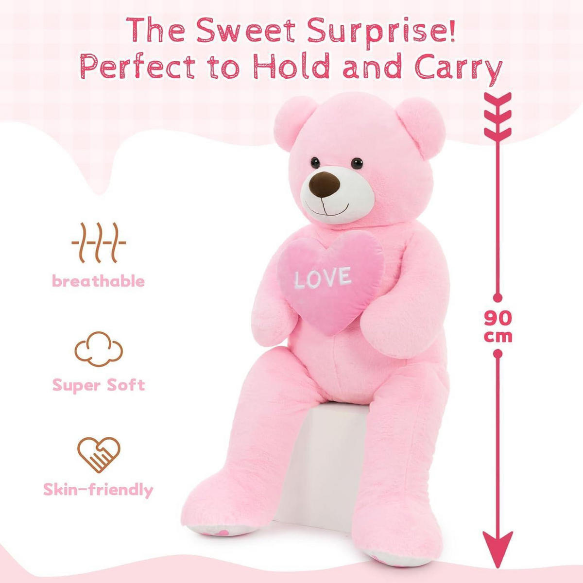 XXXL Kuscheltier Teddybär mit Herz 90 cm Rosa - Rosa, Textil (45/90cm)