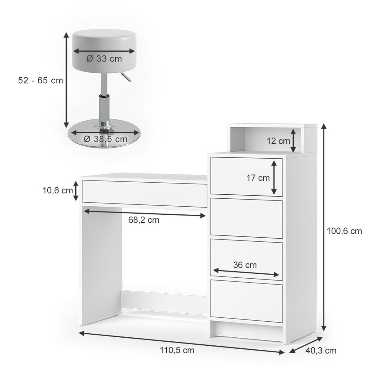 SCHMINKTISCH Naara Weiß 110.5 cm mit Hocker - Weiß, Holzwerkstoff (40.3/110.5/100.6cm) - Vicco