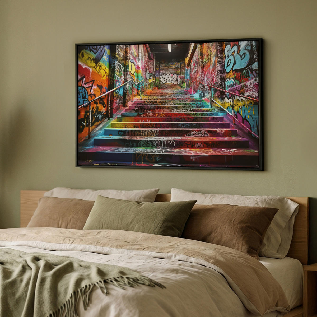LEINWAND Bilder mit Rahmen - Treppe - Graffiti - Farben - Kunst - 90x60 - Multicolor, Textil (90/60cm) - MuchoWow