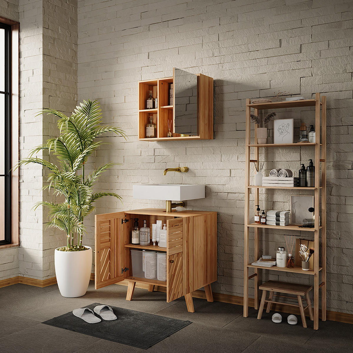 BADMÖBEL-SET Lucie Bambus 2 Teile - Grün, Holzwerkstoff (60/65/36cm) - Vicco