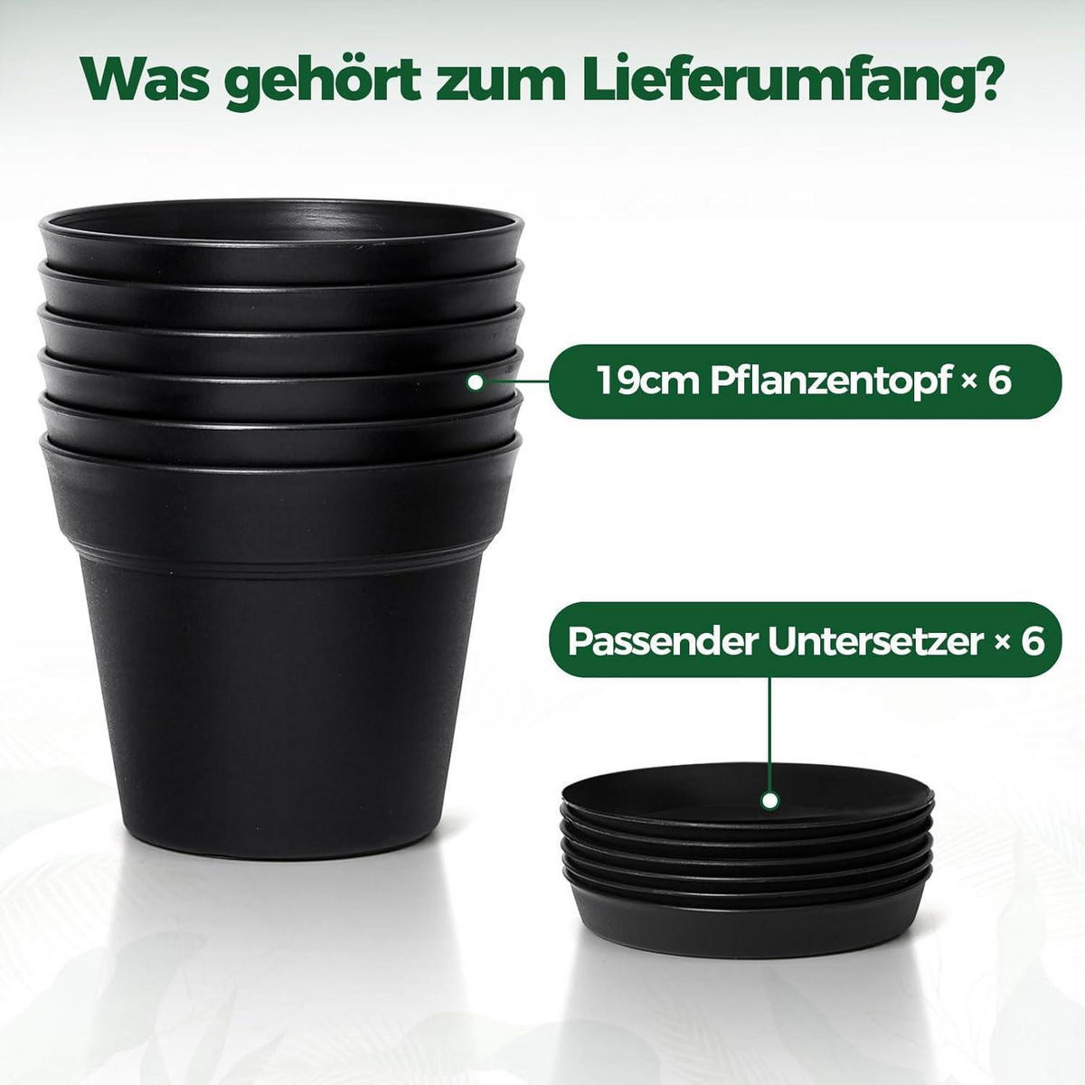 BLUMENTOPF 6er-Set mit Untersetzer Schwarz 19 cm - Schwarz, Kunststoff (19/15.5/19cm)