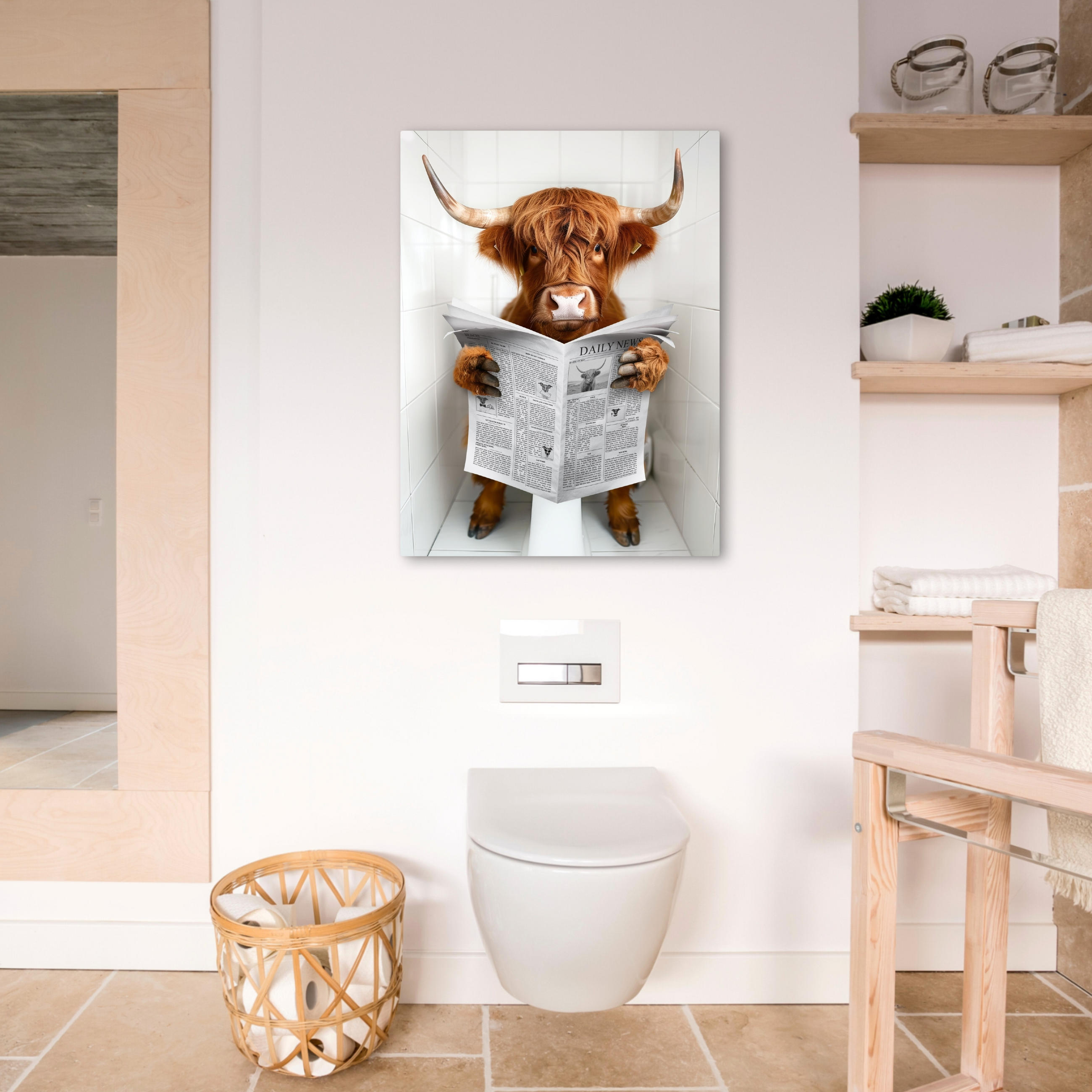 LEINWANDBILD Schottischer Highlander - Tier - Zeitung - Toilette 50x70 cm - Kastanienfarben, Textil (50/70cm) - MuchoWow