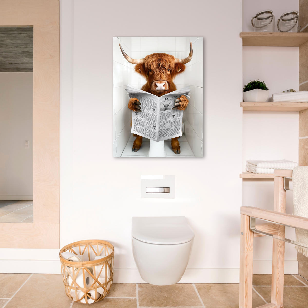 LEINWANDBILD Schottischer Highlander - Tier - Zeitung - Toilette 50x70 cm - Kastanienfarben, Textil (50/70cm) - MuchoWow