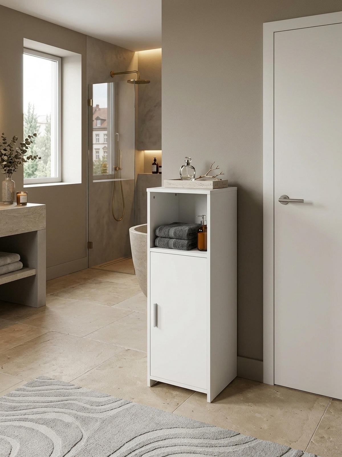 BADSCHRANK Weiß 30x95,5x30 cm aus Melamin mit kratzfester Oberfläche - Schwarz/Weiß, Holz/Metall (30/96/30cm) - KADIMA DESIGN