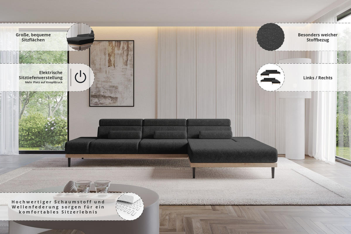 ELEKTRISCHES ECKSOFA Rechts MONA 316x205x85 Schwarz Velours - Schwarz, Holzwerkstoff/Textil (316/205cm) - ALTDECOR