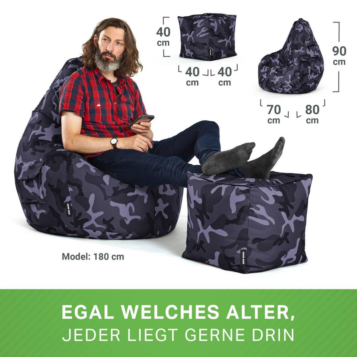 SITZSACK + Hocker "Cozy+Cube" 2er Set - Multicolor, Textil (70/90/80cm) - Green Bean