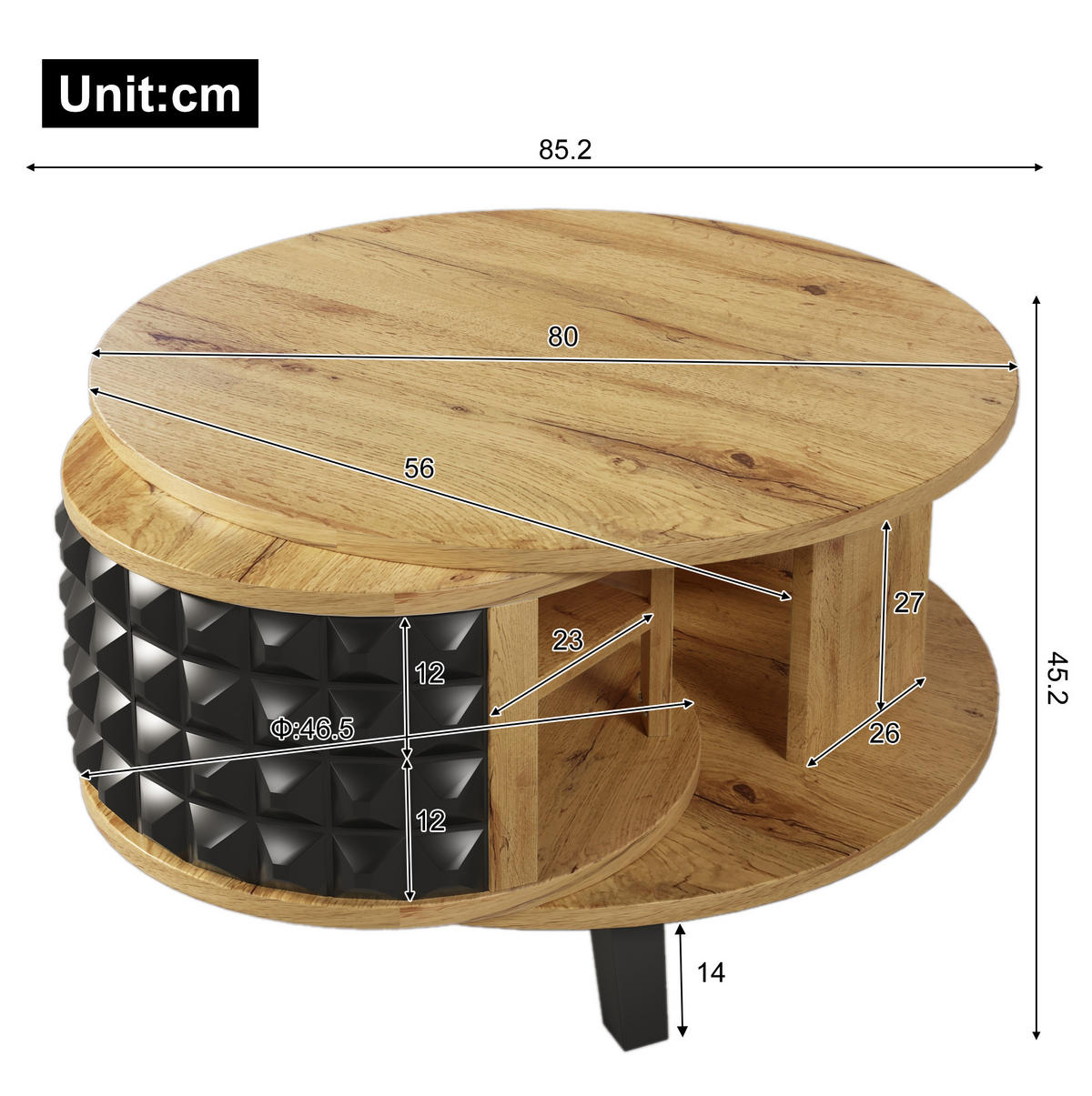 COUCHTISCH aus Spanplatte 85,2x80x45,2 cm Natur mit drehbarem Stauraum und zweistöckiger Tischplatte - Naturfarben, Holzwerkstoff (82.5/80/45.2cm) - Modfu